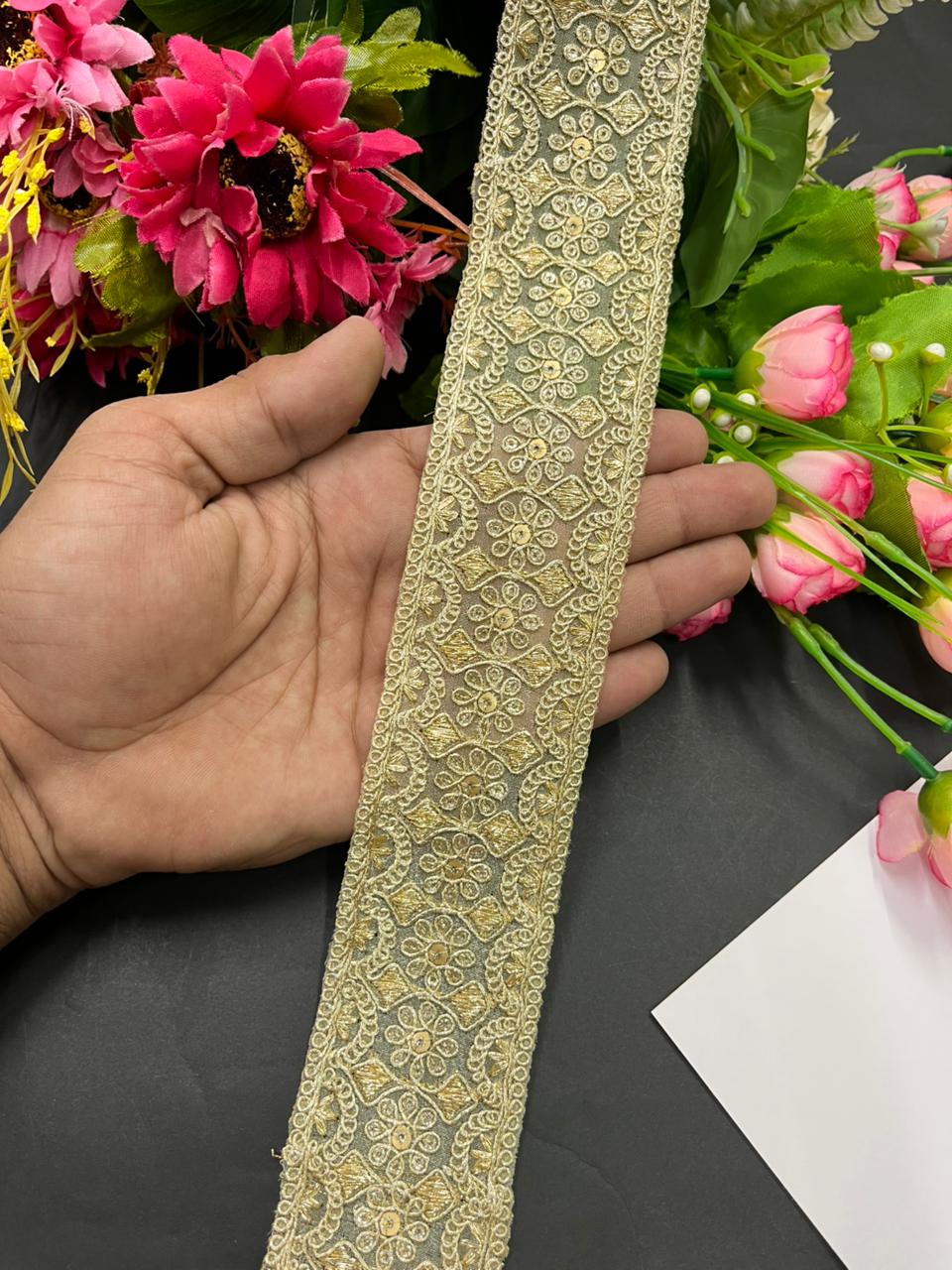 Gold Embroidered Zari Lace Trims – Premium 2 Inch Designer Border for Sarees, Dupattas, Lehengas & Festive Wear (9 Meter) | Gold