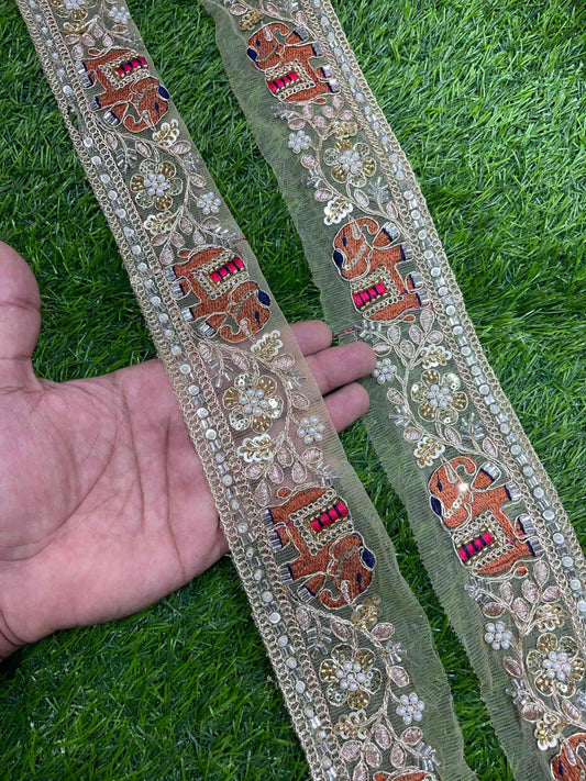 Elephant Handwork Cutdana & Pearl Embroidered Lace Border – 9 Meters, 3-Inch Maggam Work Trim for Sarees & Lehengas | Gold