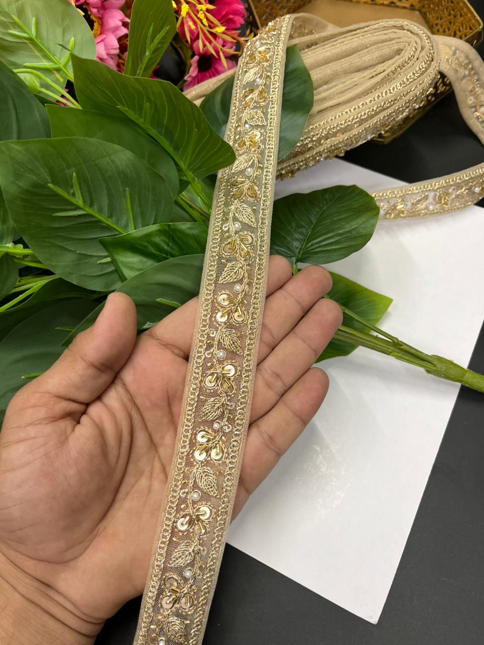 Pearl Zari Embroidered Net Lace – Designer Maggam Work Border for Sarees, Lehengas & Dupattas (9 Meter, 1 Inch Width) | Gold
