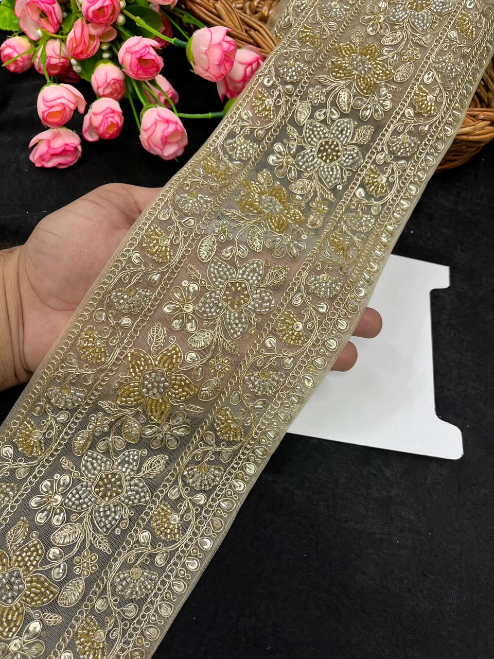 Heavy Gold Bridal Lehenga Border Lace – Designer Embroidered Lace for Lehengas, Sarees & Dupattas (5 Inch) | DC1052 | Gold