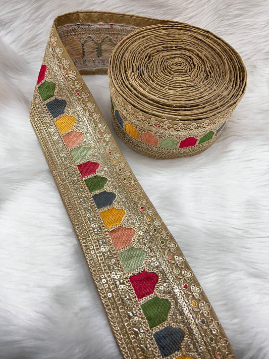 Sabyasachi Inspired Embroidery Lace Borders – 9 Meters, 3-Inch Width, Handcrafted Elegance | Gold