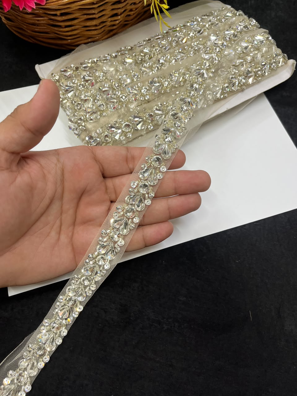 Designer Handmade Crystal Lace for Sarees, Lehengas & Dupattas – Premium Decorative Crystal Lace Border (1 Inch) | DC1012 | Gold