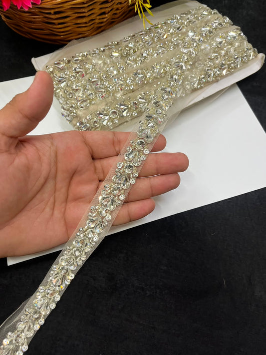 Designer Handmade Crystal Lace for Sarees, Lehengas & Dupattas – Premium Decorative Crystal Lace Border (1 Inch) | DC1012 | Gold