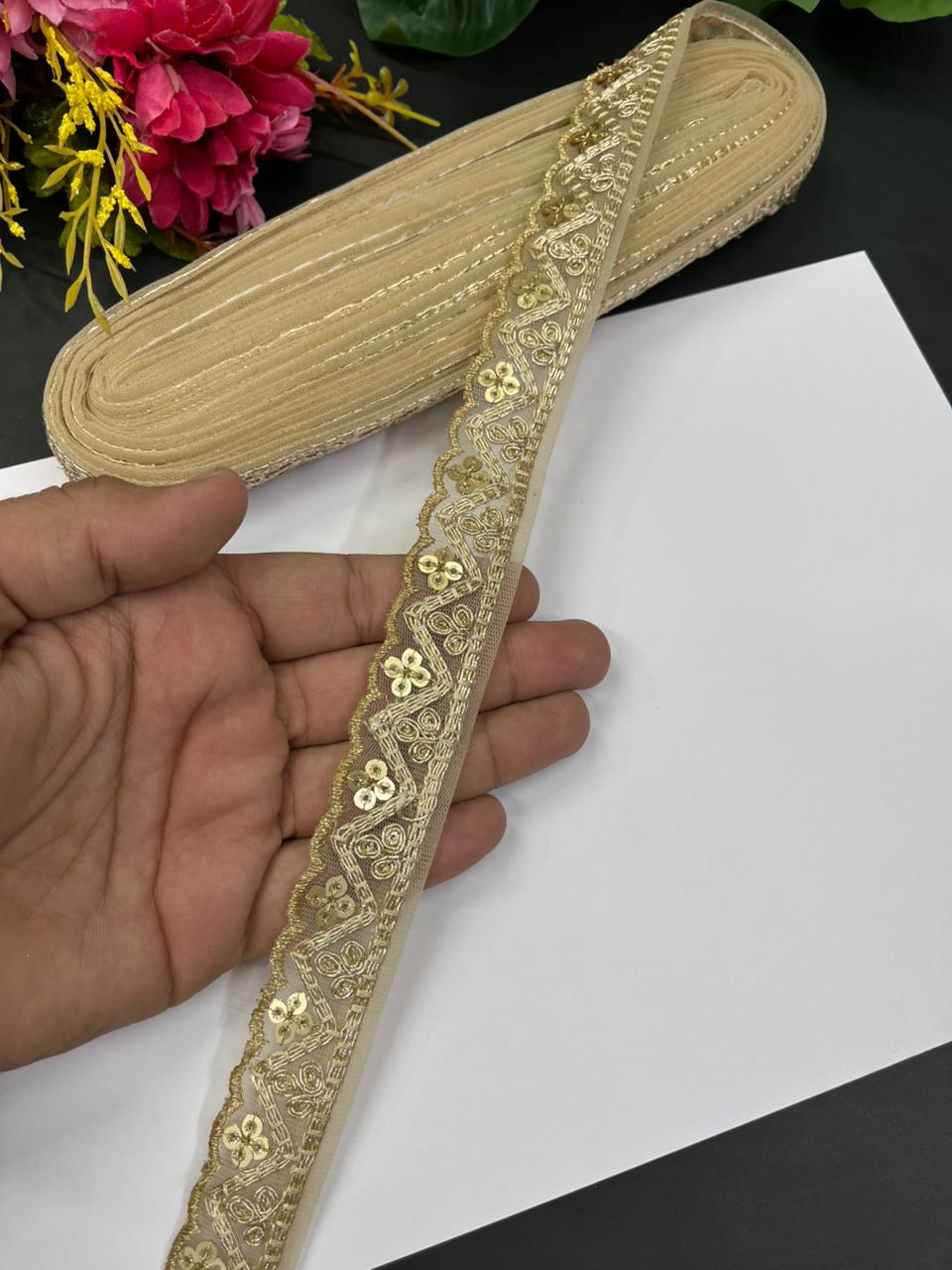 Zari Embroidery Designer Lace – Premium 1 Inch Gold Embroidered Border for Sarees, Dupattas, Lehengas & Suits (9 Meter) | Gold