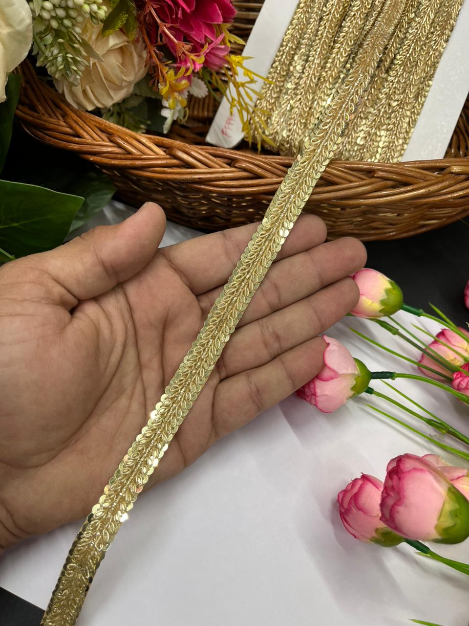 Handcrafted Zardozi Lace with Sequins – Premium Handmade Ethnic Lace Border for Sarees & Dupattas | Gold
