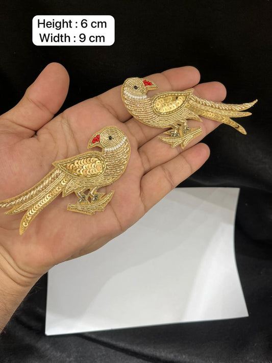 Zardozi Work Parrot Patch Set for Sarees, Lehengas & Blouses – Designer Embroidered Bird Applique (2 Pieces) | Gold