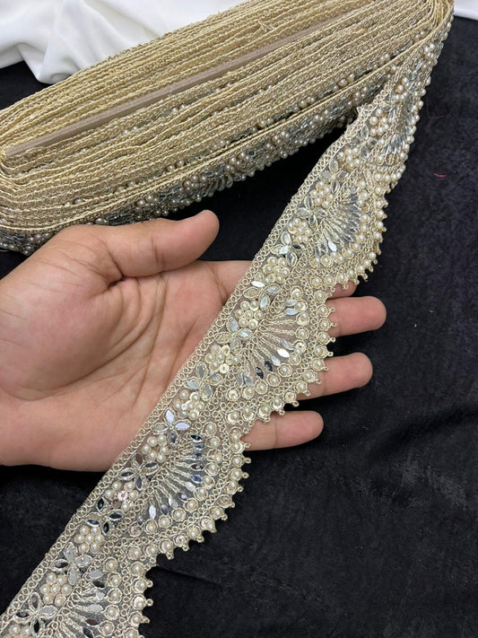 Scalloped Pearl Work Lace with Real Mirror for Sarees, Lehengas & Dresses – Designer Gold Embroidered Lace Border (2 Inch) | Gold