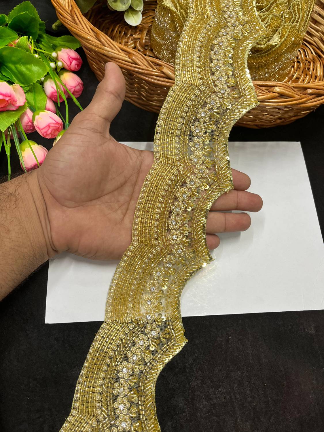 Beautiful Handcrafted Zardosi Stonework Scalloped Lace – Premium Designer Border Trim for Sarees, Lehengas & Dupattas (9 Meter, 3 Inch Width) | Gold
