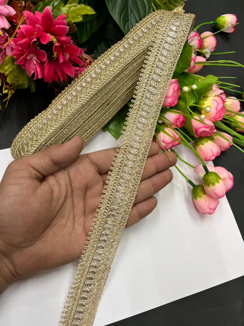 Gold Embroidered Zari Lace Trims for Boutique – Premium 1 Inch Designer Border for Sarees, Dupattas, Lehengas & Craft Use (9 Meter) | Gold