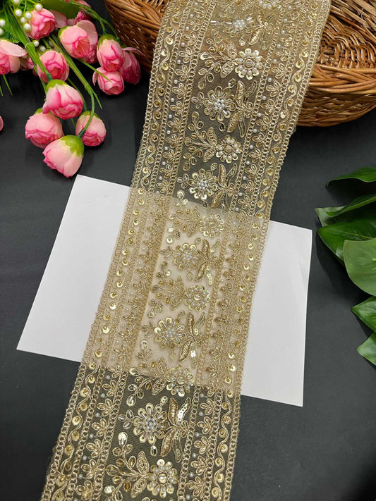 Handcrafted Exquisite Embroidered Cutdana Bridal Lehenga Border – 9 Meters, 5-Inch Maggam Work Lace | Gold