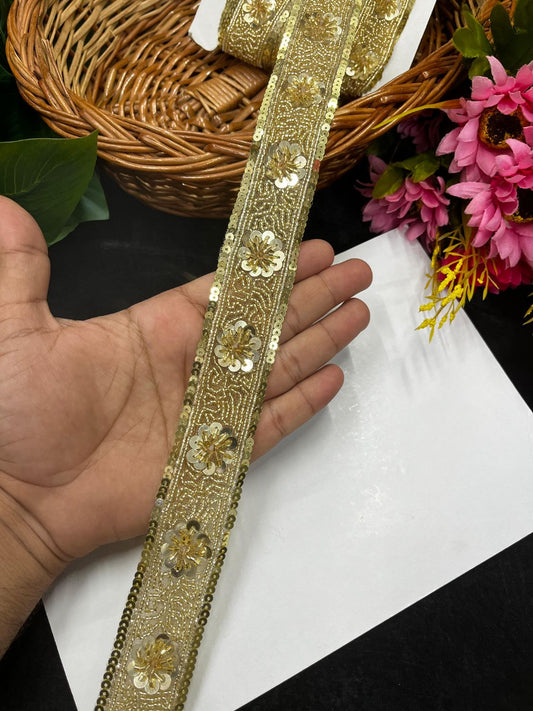Handcrafted Katdana & Sequence Lace Trim for Sarees – Elegant Designer Border for Lehengas & Dupattas (9 Meter, 1.5 Inch Width) | Gold