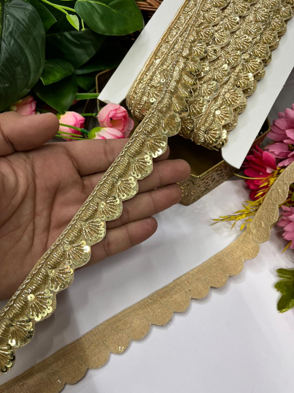 Handcrafted Zardozi Dabka Work Borders – Premium 1 Inch Handmade Decorative Lace for Bridal & Ethnic Wear (9 Meter) | Gold