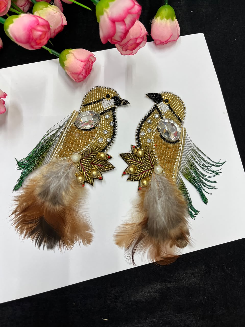 Handcrafted Feather Bird Patches for Sarees, Lehengas, Blouses & Dresses – Designer Bird Applique Set of 2 | DC1045 | Gold