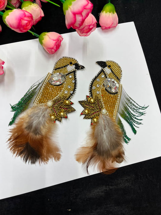 Handcrafted Feather Bird Patches for Sarees, Lehengas, Blouses & Dresses – Designer Bird Applique Set of 2 | DC1045 | Gold