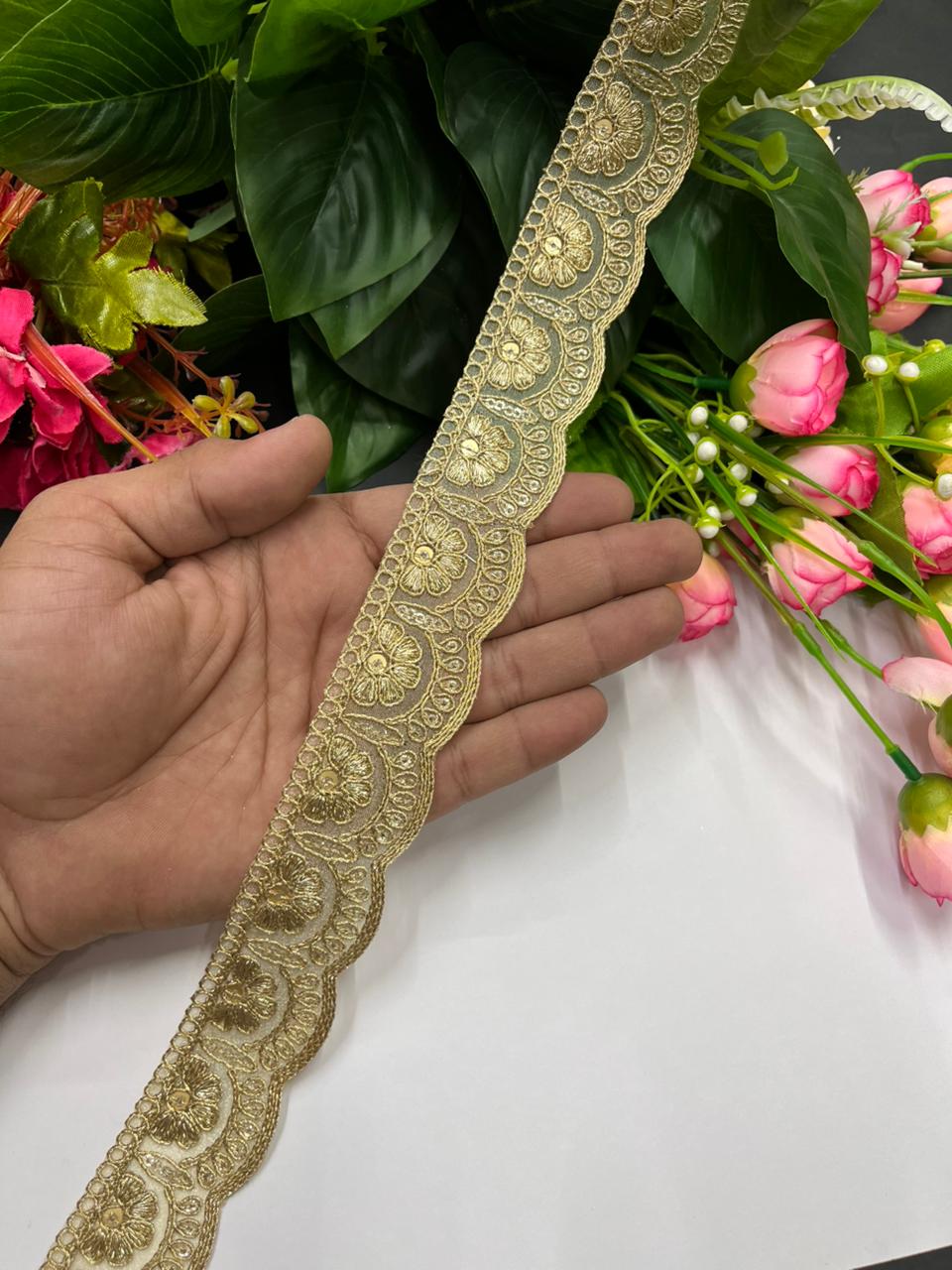 Scalloped Embroidered Zari Lace Designs – Premium 1.5 Inch Gold Designer Border for Sarees, Dupattas & Festive Wear (9 Meter) | Gold