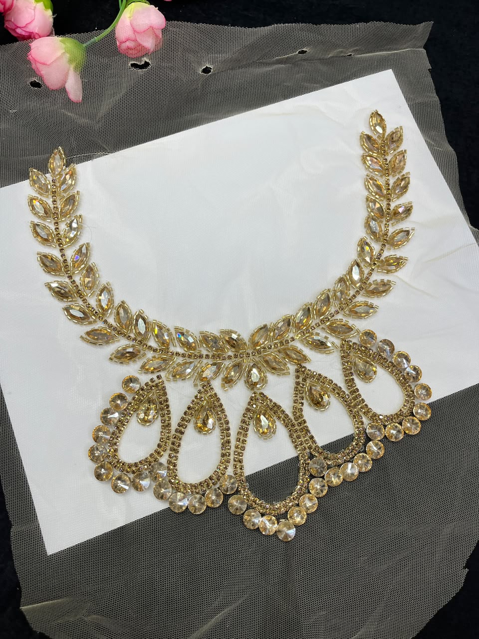 Handmade Crystal Neck Patch for Kurtis, Dresses & Blouses – Designer Handcrafted Crystal Embellished Neckline Applique | DC1042 | Gold
