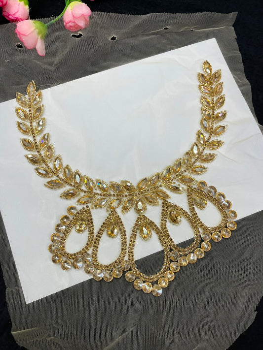 Handmade Crystal Neck Patch for Kurtis, Dresses & Blouses – Designer Handcrafted Crystal Embellished Neckline Applique | DC1042 | Gold