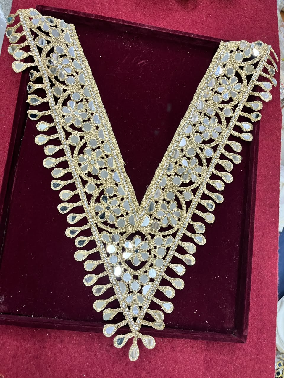 Real Mirror Work Neck Patch for Kurtis, Dresses & Blouses – Designer Handcrafted Mirror Neckline Applique | DC0984 | Gold