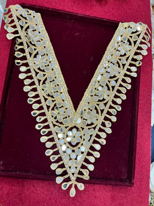 Real Mirror Work Neck Patch for Kurtis, Dresses & Blouses – Designer Handcrafted Mirror Neckline Applique | DC0984 | Gold