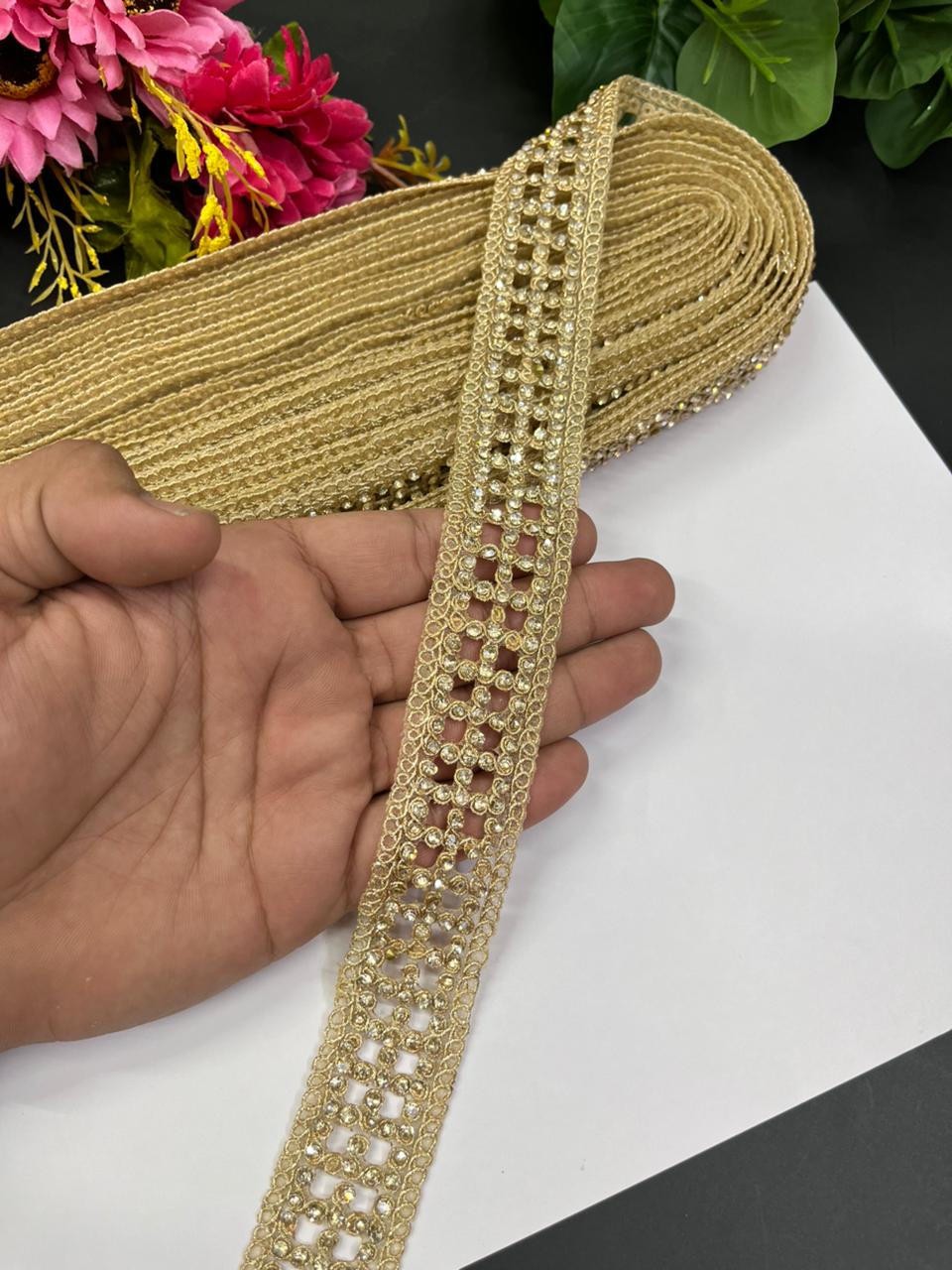 Diamond Work Lace Border – Premium 1 Inch Gold Embellished Lace for Sarees, Dupattas, Lehengas & Designer Wear (9 Meter) | Gold