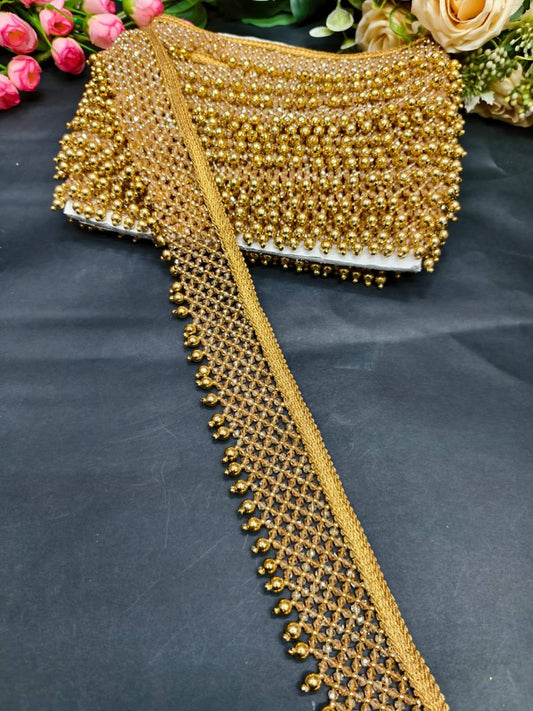Heavy Crystal Stone Saree Lace Border Trim – Fancy Designer Lace for Sarees, Dupattas & Ethnic Dresses (9 Meter) | Gold