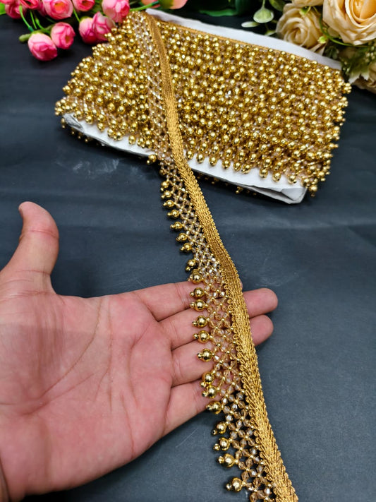 New Crystal Stone Saree Lace Border Trim – Fancy Decorative Lace for Sarees, Dupattas & Dresses (9 Meter) | Gold