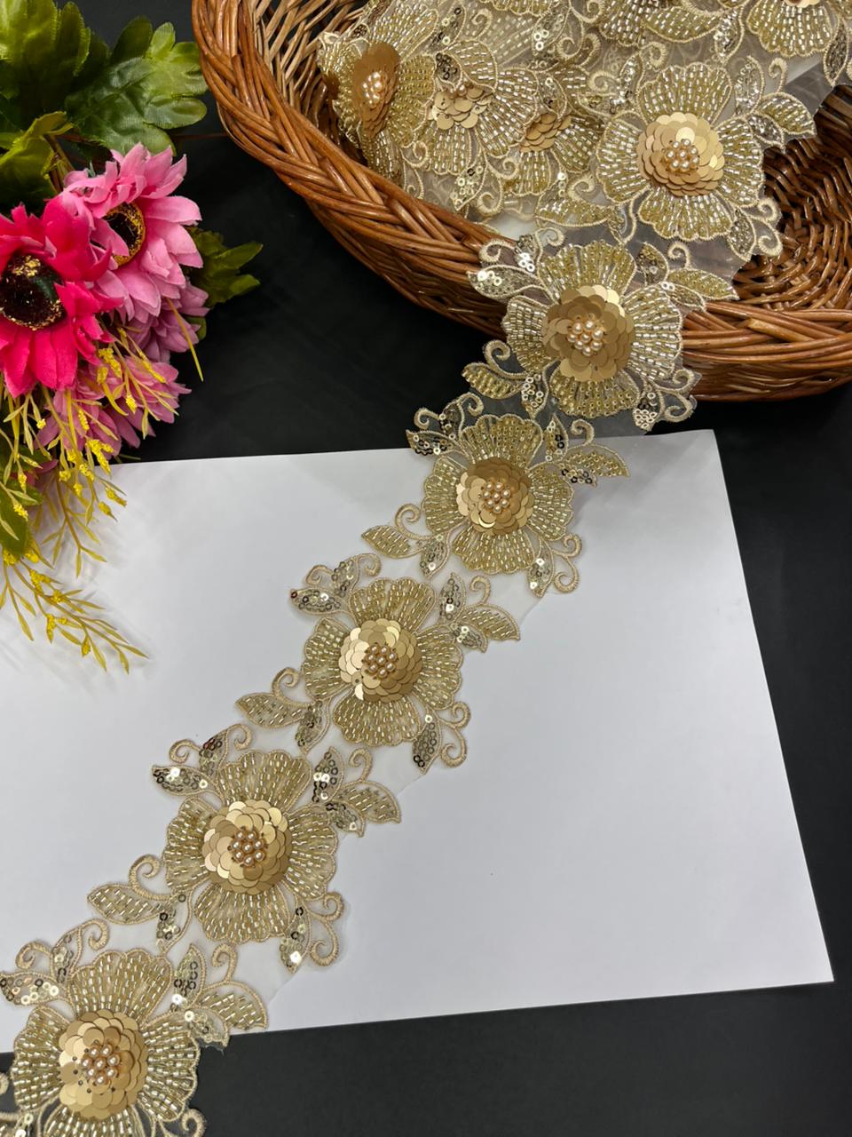 Imported Bead Work Flower Lace – Premium Designer Imported Lace Border for Sarees & Ethnic Wear | Gold
