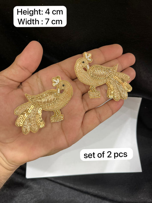 Handcrafted Peacock Zardozi Patch Set for Sarees, Lehengas & Blouses – Designer Embroidered Peacock Applique (2 Pieces) | Gold