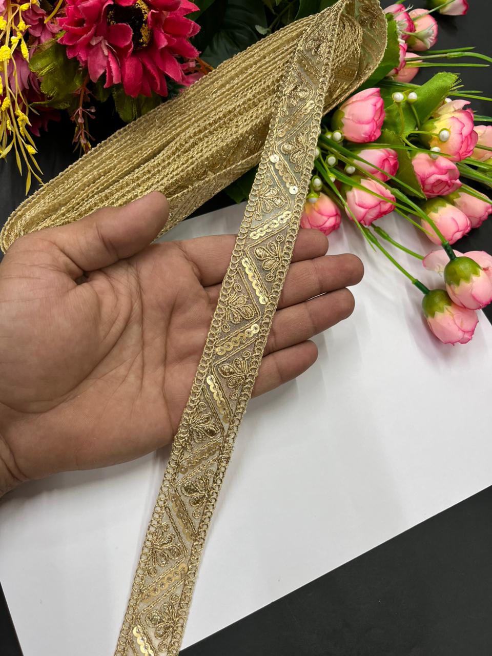 Beautiful Embroidered Zari Gold Laces for Craft Products – Premium 1 Inch Decorative Lace for Sarees, Dupattas & DIY Projects (9 Meter) | Gold