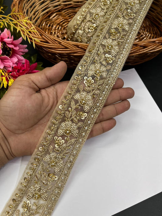 Luxurious Cutdana Work Saree Lace – Premium 2.5 Inch Gold Embroidered Designer Border for Lehengas, Dupattas & Bridal Wear (9 Meter) | Gold