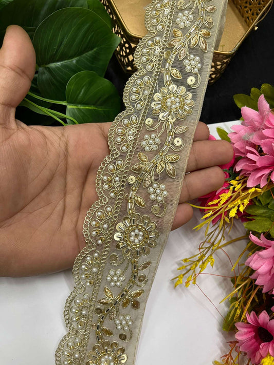 Gorgeous Embroidered Pearl & Cutdana Designer Lace – 9 Meters, 2.5-Inch Maggam Work Border for Sarees & Lehengas | Gold