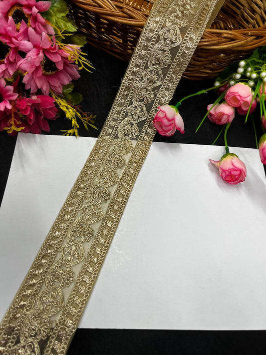 Embroidered Laces for Sarees & Dupattas – Elegant Net Border Trim for Ethnic & Festive Wear (9 Meter, 2 Inch Width) | Gold