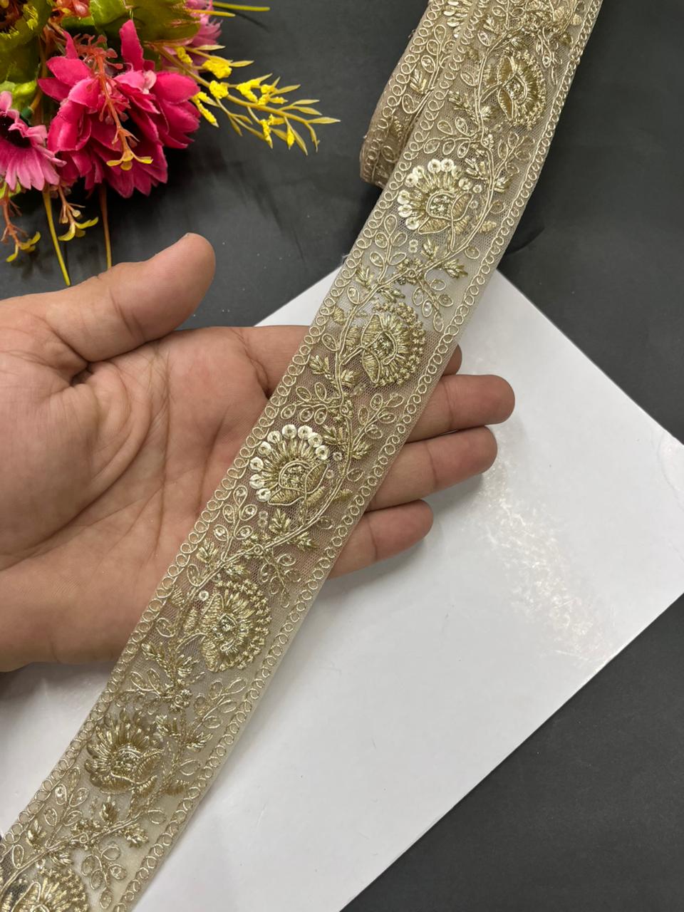Sequins Work Zari Embroidered Laces – Premium Designer Borders for Sarees, Lehengas & Dupattas (9 Meter, 1.5 Inch Width) | Gold
