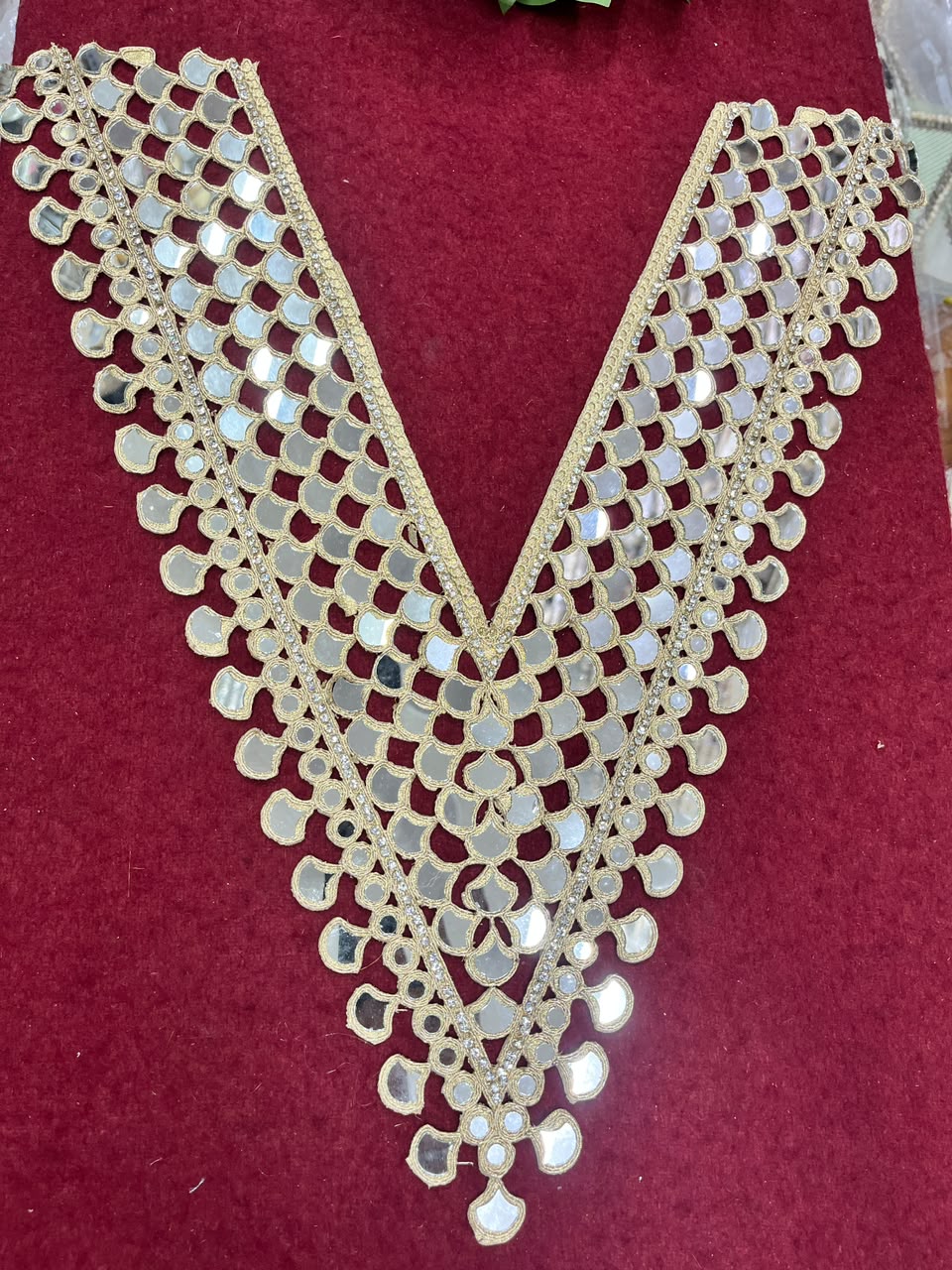 Real Mirror Work Neck Patch for Kurtis, Dresses & Blouses – Designer Handcrafted Mirror Neckline Applique | DC0992 | Gold