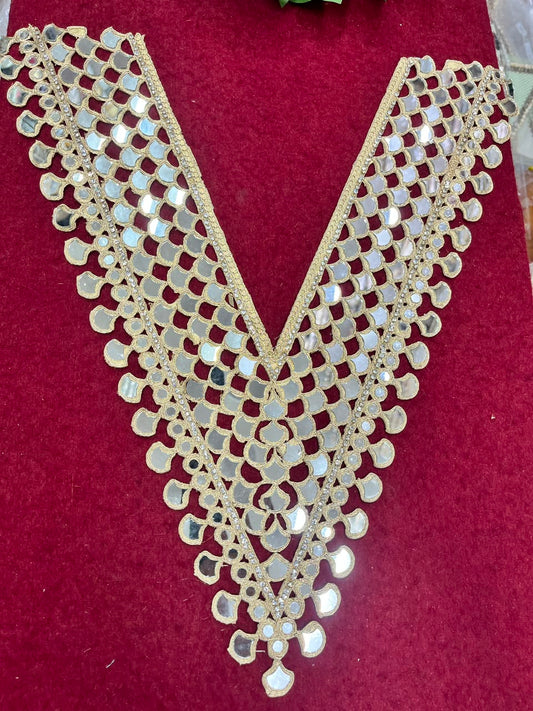 Real Mirror Work Neck Patch for Kurtis, Dresses & Blouses – Designer Handcrafted Mirror Neckline Applique | DC0992 | Gold