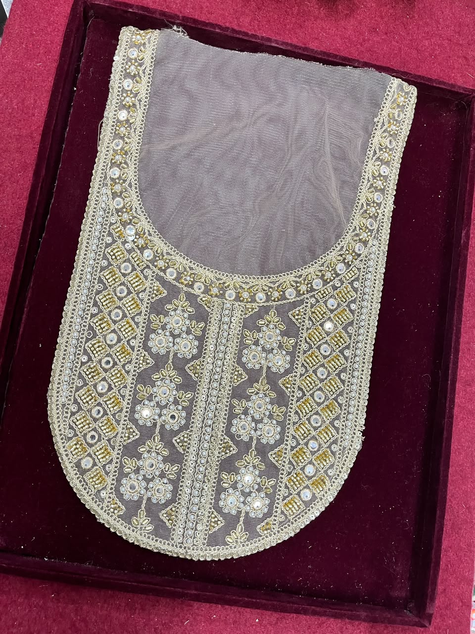 Designer Handcrafted Neck Patch for Kurtis, Dresses & Blouses – Premium Embroidered Neckline Applique | DC0983 | Gold