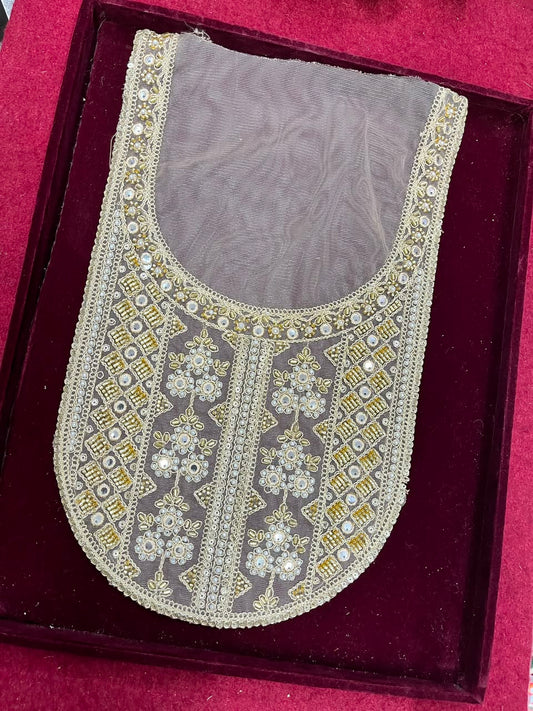 Designer Handcrafted Neck Patch for Kurtis, Dresses & Blouses – Premium Embroidered Neckline Applique | DC0983 | Gold