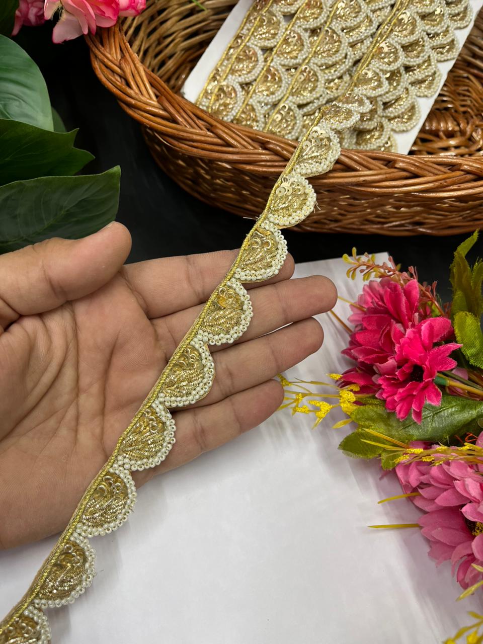 Beautiful Scalloped Zardozi Pearl Lace – Premium Handmade Ethnic Lace Border for Sarees & Dupattas | Gold