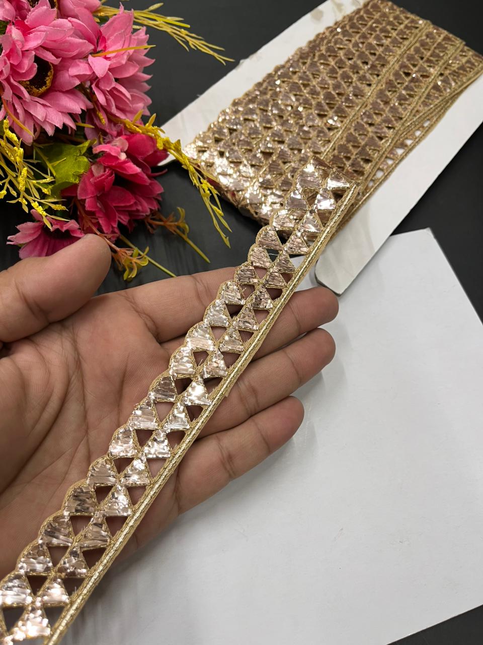 Handcrafted Cutwork Mukesh Work Lace Borders – Designer Handmade Trim for Sarees, Lehengas & Dupattas (9 Meter, 1 Inch Width) | Gold