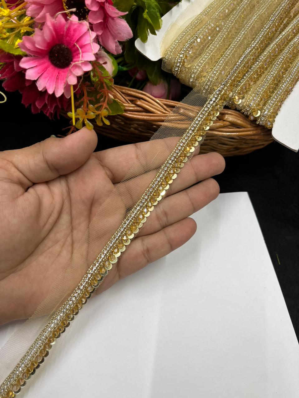 Luxurious Crystal with Diamond Work Handmade Lace – Premium Designer Handmade Lace | Gold