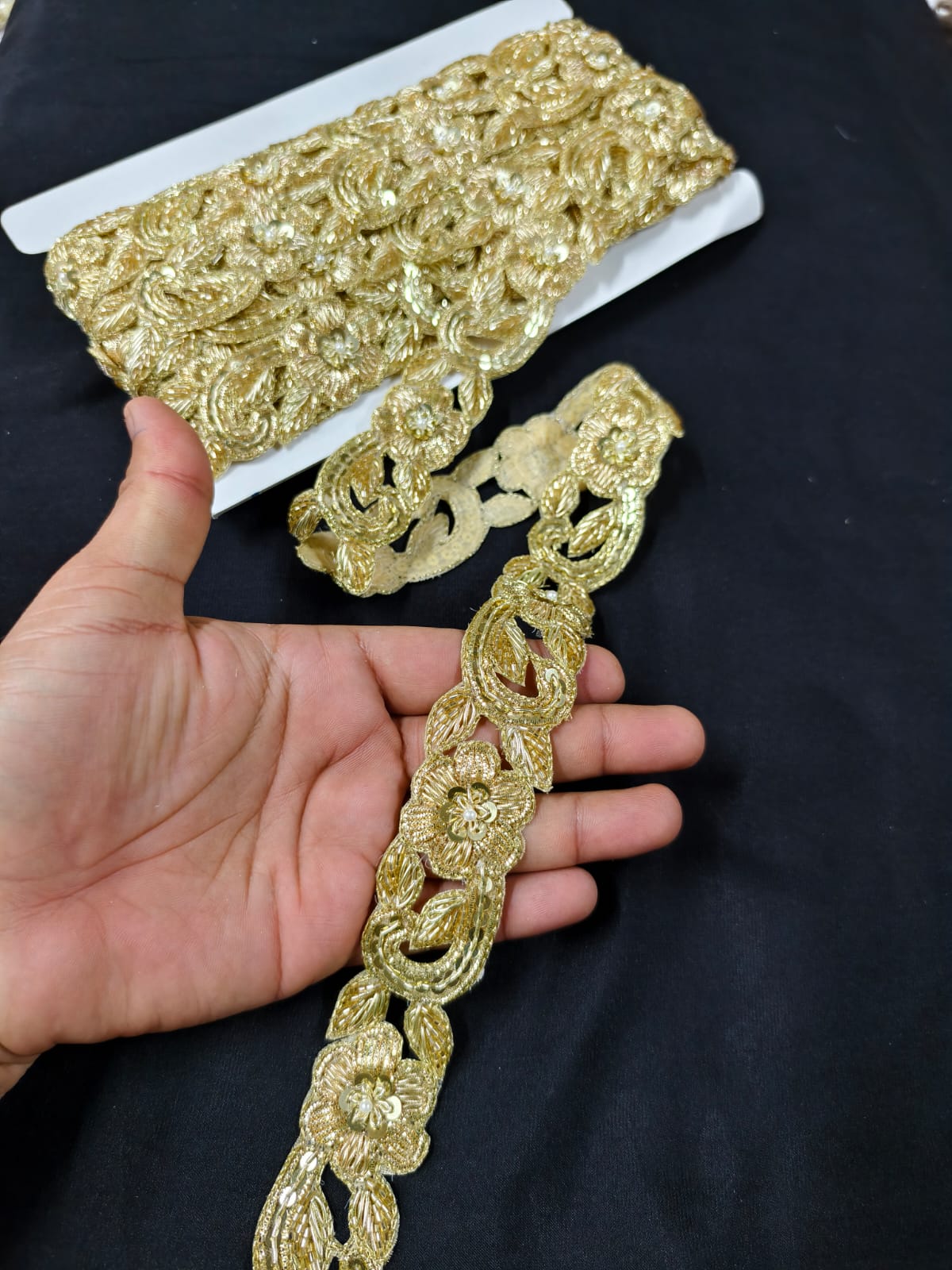 Handmade Cutdana & Zardozi Work Lace for Sarees, Lehengas, Dupattas & Blouses – Premium Handcrafted Embellished Lace Border (1.5 Inch) | DC1046 | Gold