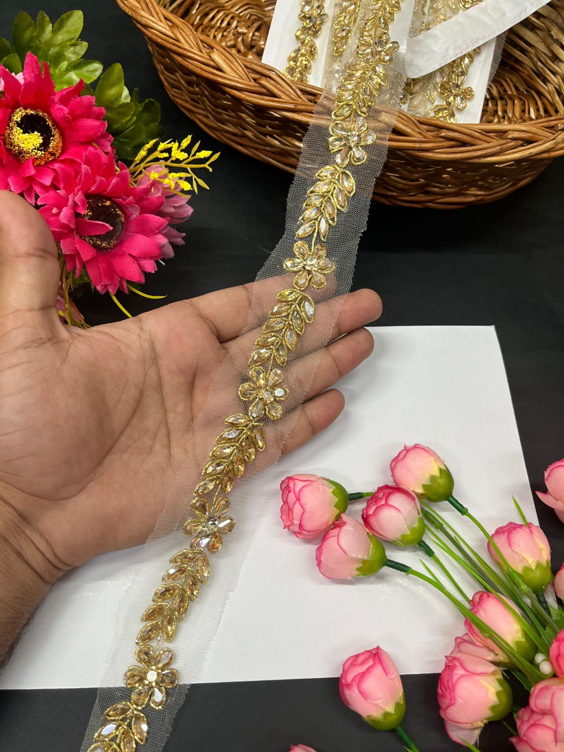 Beautiful Handmade Flower Design Crystal Heavy Lace Border – Premium Embellished Trim for Sarees, Lehengas & Designer Dresses (9 Meter, 1.5 Inch Width) | Gold