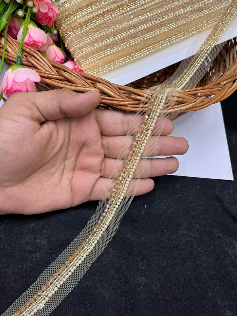 Luxurious Crystal with Pearl Handcrafted Lace – Premium Designer Handmade Lace | Gold