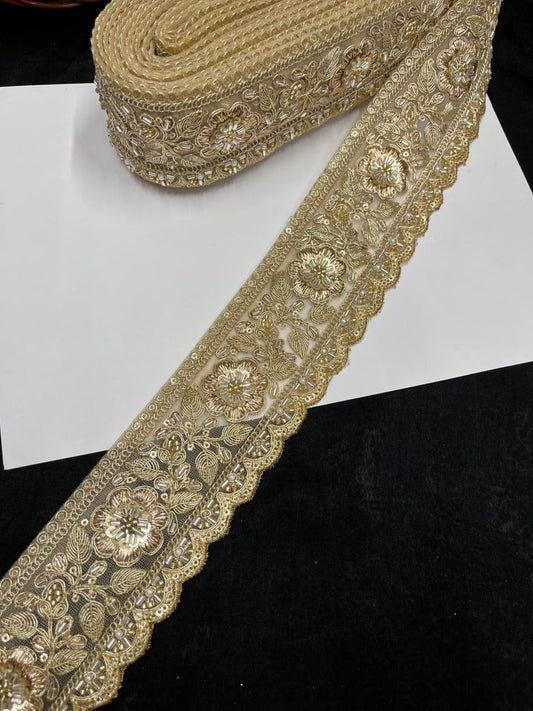 Antique Zari Flower Design Maggam Work Lace for Sarees – Premium Designer Maggam Lace | Gold