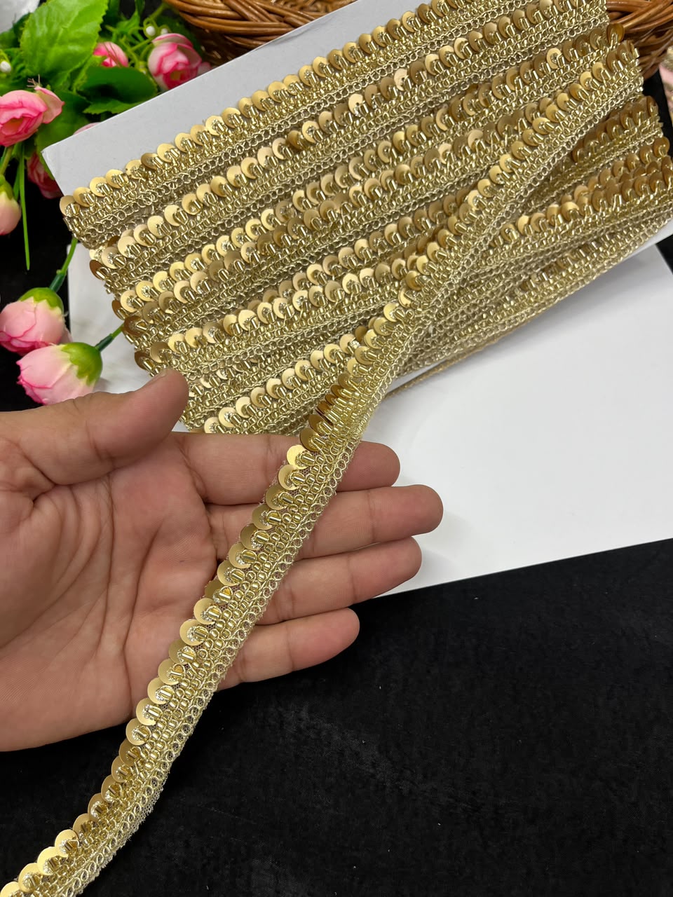 Sequence Embroidered Lace for Garments, Sarees, Lehengas & Dupattas – Designer Gold Embroidery Lace Border (Half Inch) | DC1035 | Gold