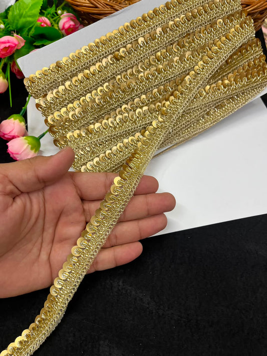 Sequence Embroidered Lace for Garments, Sarees, Lehengas & Dupattas – Designer Gold Embroidery Lace Border (Half Inch) | DC1035 | Gold