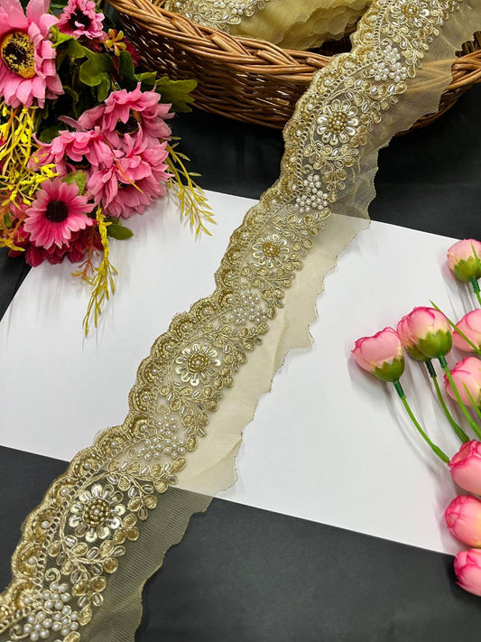 Beaded & Pipe Work Designer Lace Border – Intricate Detailing for Ethnic Wear (9 Meter) | Gold