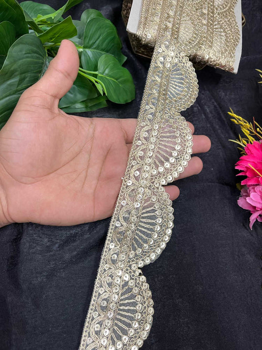 Elegance Gold Sequin Scallop Lace – 9 Meters, 2-Inch Embroidered Border for Sarees, Lehengas & Dupattas | Gold