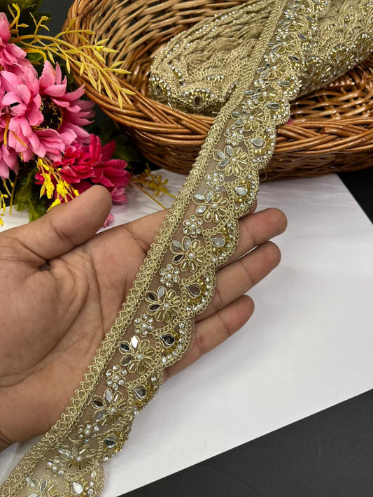 Elegant Real Mirror Lace with Rhinestone – Premium 1.5 Inch Designer Mirror Work Border for Sarees, Dupattas, Lehengas & Couture Wear (9 Meter) | Gold