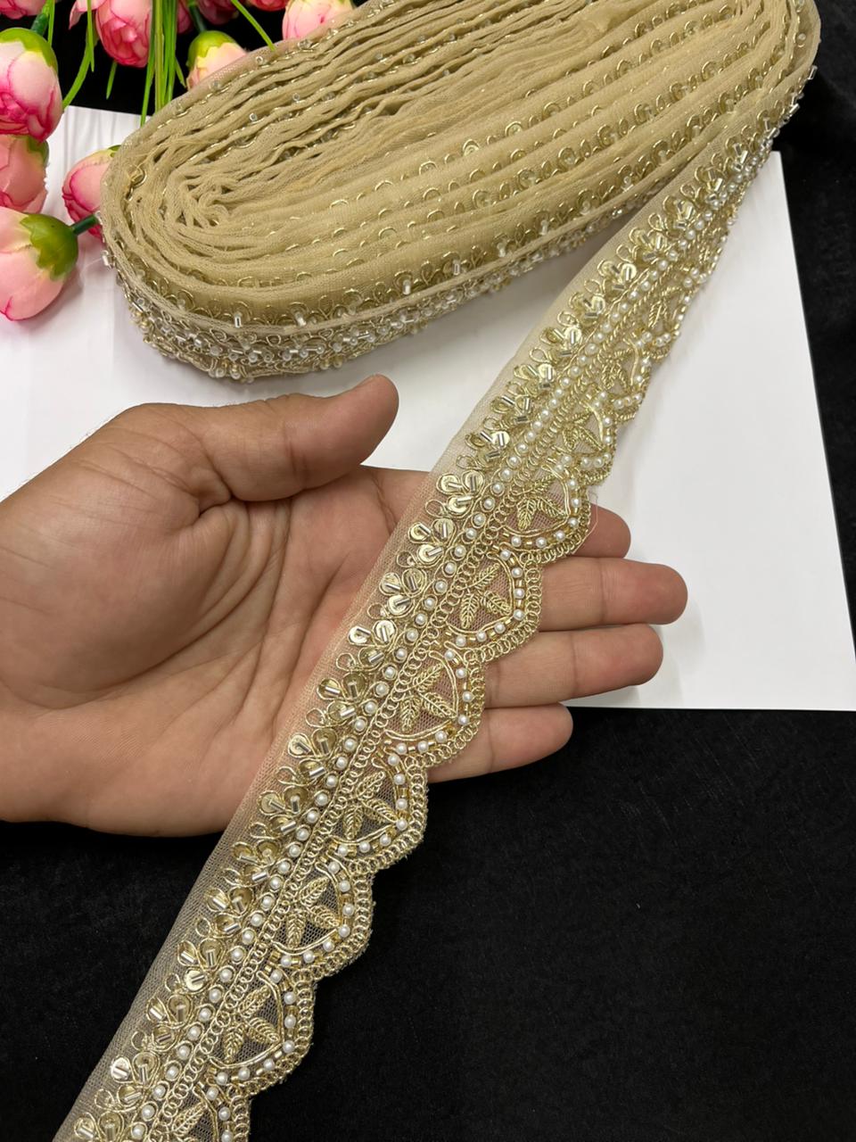 Bridal Saree Lace Border – Designer Maggam Work Lace for Sarees, Blouses & Lehengas (1.75 Inch) | Gold
